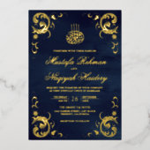 アンティークフレームネイビーブルー結婚イスラム金ゴールド 箔招待状 (正面)