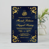 アンティークフレームネイビーブルー結婚イスラム金ゴールド 箔招待状 (立ち正面)