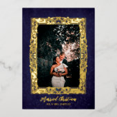 アンティークフレームブルー結婚したクリスマスフォト 箔シーズンカード (正面)