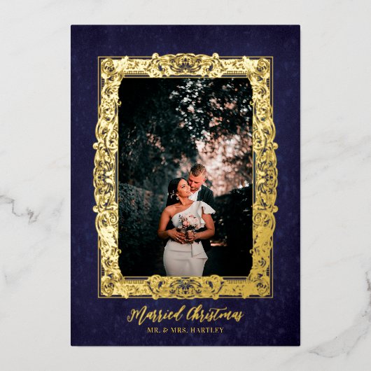 アンティークフレームブルー結婚したクリスマスフォト 箔シーズンカード (正面)