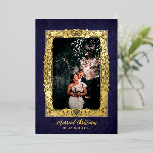 アンティークフレームブルー結婚したクリスマスフォト 箔シーズンカード (立ち正面)