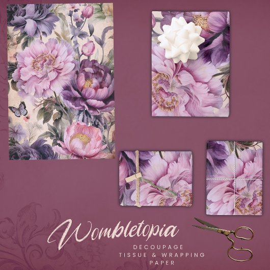 アンティークフローラと蝶の切り離し、紫 ラッピングペーパーシート