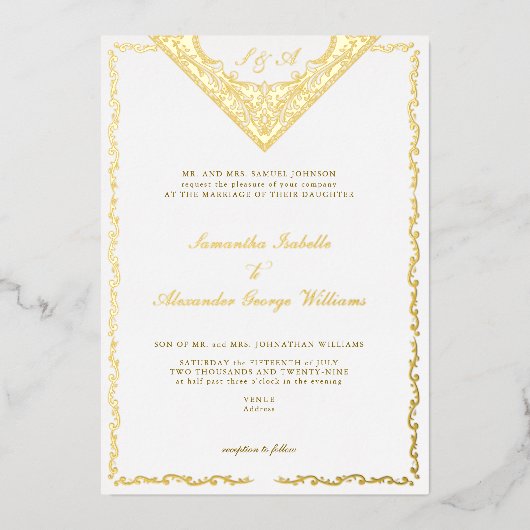 アンティークフローラウェスタンヴィンテージモノグラム結婚ズ 箔招待状 (正面)