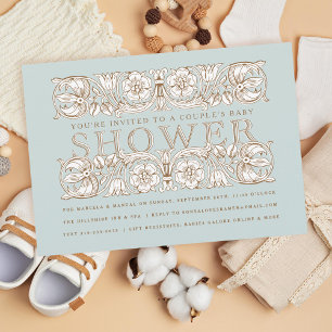 アンティークフローラオーナメントブルーベビーシャワー 招待状