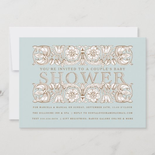 アンティークフローラオーナメントブルーベビーシャワー 招待状 (正面)