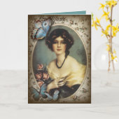 アンティークフローラバタフライパリジャンビクトリアンガール カード (黄色い花)