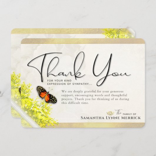 アンティークフローラバタフライ悔やみや弔慰サンキューカード 招待状 (正面/裏面)