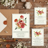 アンティークフローラピンクエバーグリーンブーケ結婚ス 招待状