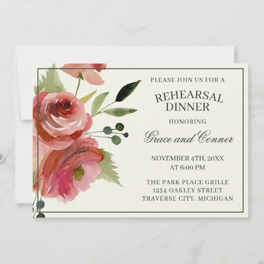 アンティークフローラピンクエバーグリーンリハーサルディナー 招待状 (正面)