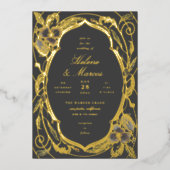 アンティークフローラ結婚アールヌーボーグレー金ゴールド 箔招待状 (正面)