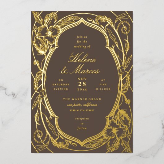 アンティークフローラ結婚アールヌーボー金ゴールド 箔招待状 (正面)