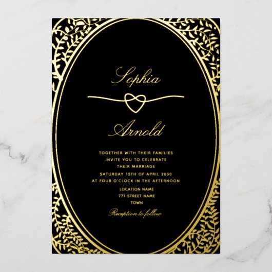 アンティークフローラ金ゴールドとブラック結婚ズ 箔招待状 (正面)