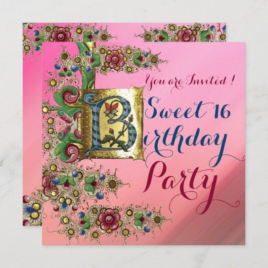 アンティークフローラ金ゴールドピンクスウィート16誕生日パーティー 招待状 (正面/裏面)