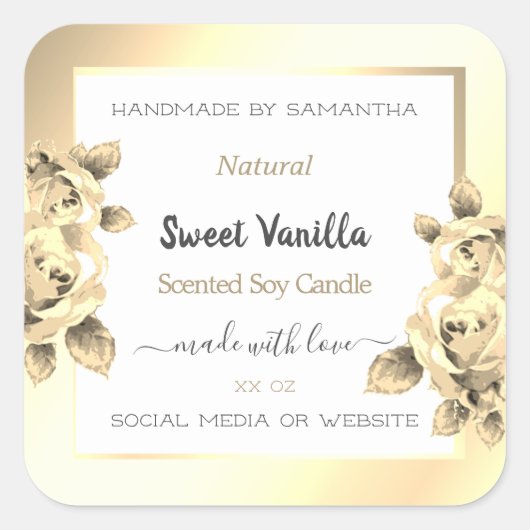 アンティークフローラ金ゴールド製品パッケージラベル白 スクエアシール (正面)