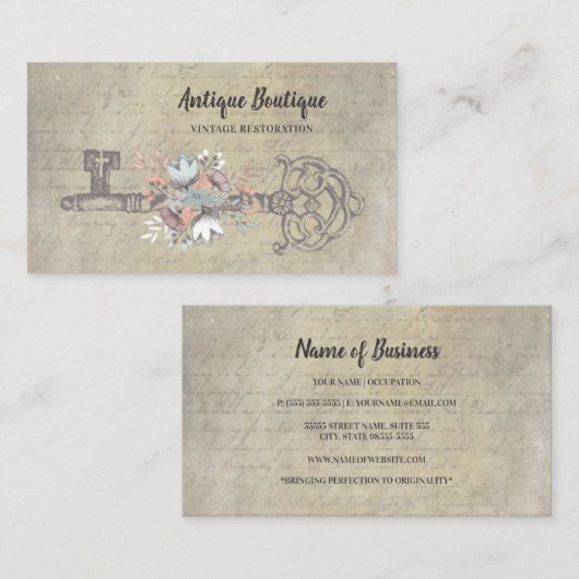 アンティークフローラ骨格鍵ヴィンテージ復元 名刺 (正面/裏面)