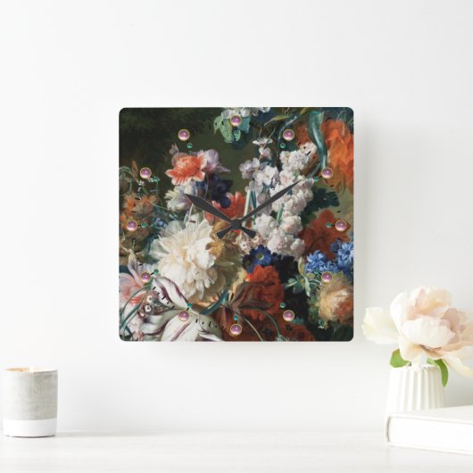 アンティークフローラ，ピンク赤アネモネ白い花 スクエア壁時計 (ホーム)