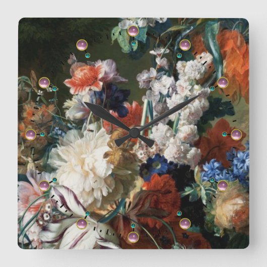 アンティークフローラ,ピンク赤アネモネ白い花 スクエア壁時計 (正面)