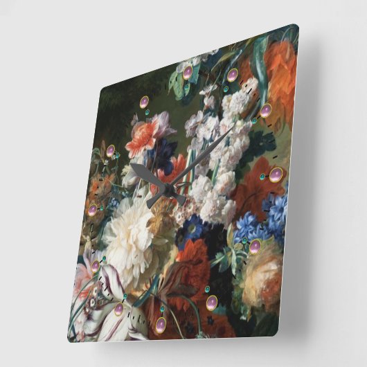 アンティークフローラ，ピンク赤アネモネ白い花 スクエア壁時計 (傾斜)