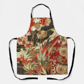 アンティークフ日本のラワーズレッドグリーンブラックフローラ エプロン (正面)