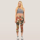 アンティークフ日本のラワーズレッドグリーンブラックフローラ カプリレギンス (正面)