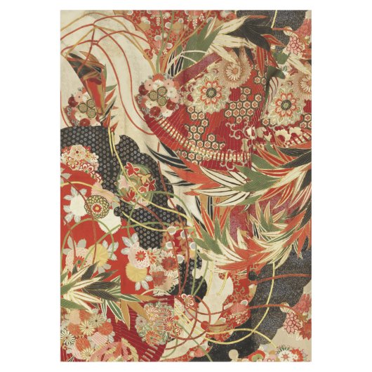 アンティークフ日本のラワーズレッドグリーンブラックフローラ テーブルクロス (正面)