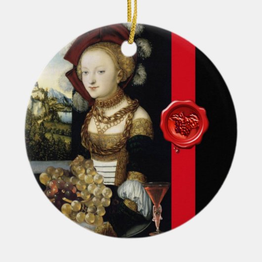 アンティークブドウとワイン、赤ワックスシール セラミックオーナメント (正面)