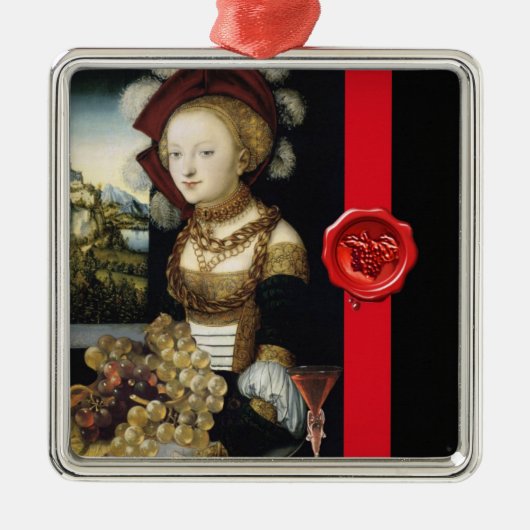 アンティークブドウとワイン、赤ワックスシール メタルオーナメント (正面)