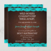 アンティークブラウンとターコイズブルーのレースのウェディング 招待状 (正面/裏面)