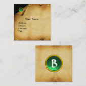 アンティークブラウンパーチメント、グリーンジェムストーンモノグラム スクエア名刺 (正面/裏面)