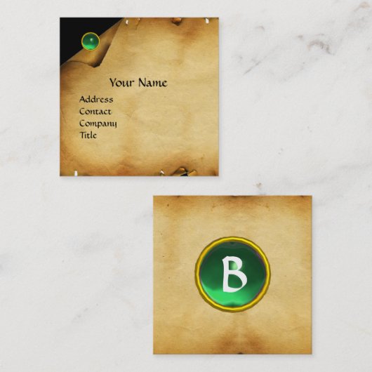 アンティークブラウンパーチメント、グリーンジェムストーンモノグラム スクエア名刺 (正面/裏面)