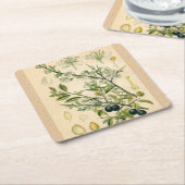 アンティークブラックソーンボタニカルプリントフラワーベリー スクエアペーパーコースター (アングル)