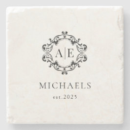 アンティークブラック&ホワイトクレストモノグラム結婚ズ ストーンコースター