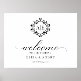 アンティークブラック&ホワイトクレストモノグラム結婚ズ ポスター