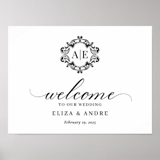 アンティークブラック&ホワイトクレストモノグラム結婚ズ ポスター (正面)