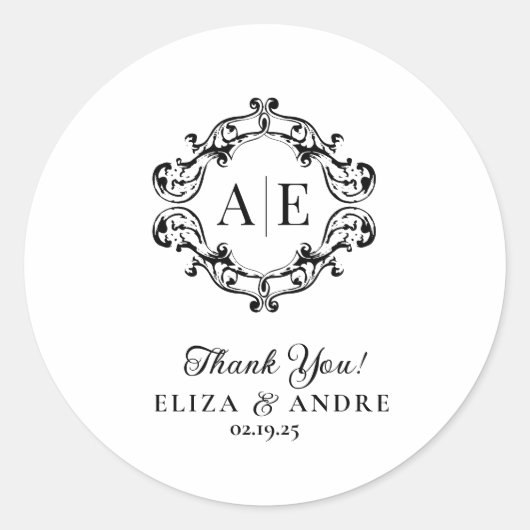 アンティークブラック&ホワイトクレストモノグラム結婚ズ ラウンドシール (正面)