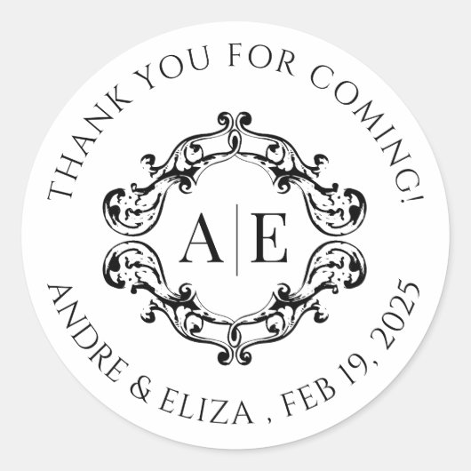 アンティークブラック&ホワイトクレストモノグラム結婚ズ ラウンドシール (正面)