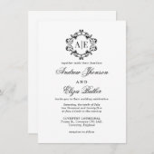 アンティークブラック&ホワイトクレストモノグラム結婚ズ 招待状 (正面/裏面)