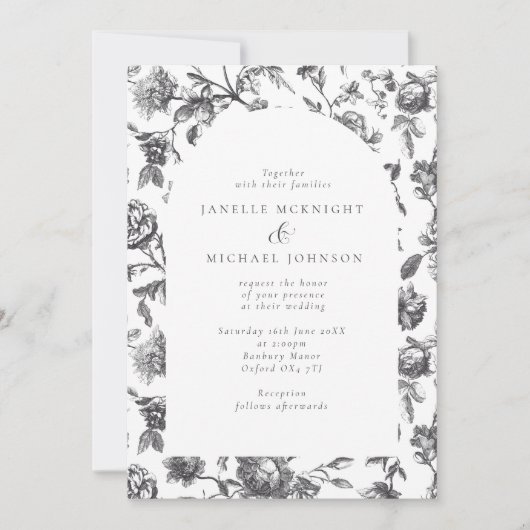 アンティークブラック&ホワイトフローラトイレアーチ結婚ーズ 招待状 (正面)