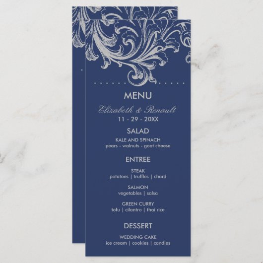 アンティークブルーとグレーのフローラ結婚のメニュー メニュー (正面/裏面)