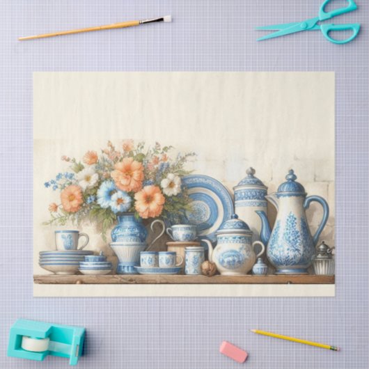 アンティークブルーとホワイトディッシュコーヒーポットオンシェルフ 薄葉紙 (クラフト)