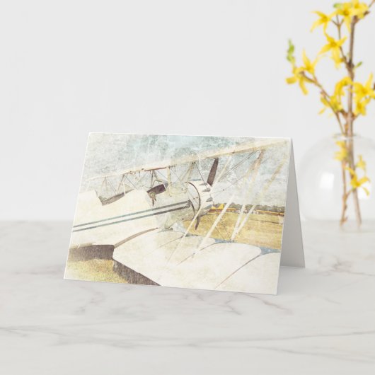 アンティークブルーと白の二面飛行機 カード (黄色い花)