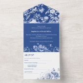 アンティークブルーと白のChinoiserieフローラ結婚ズ オールインワン招待状 (内側)