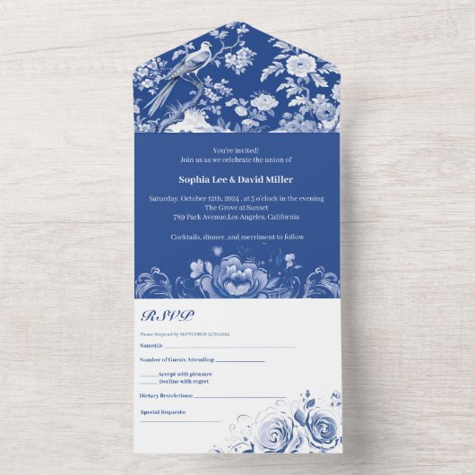 アンティークブルーと白のChinoiserieフローラ結婚ズ オールインワン招待状 (内側)