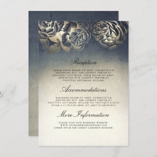 アンティークブルーと金ゴールド結婚ズインフォメーションゲスト エンクロージャーカード (正面/裏面)