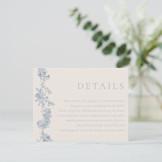 アンティークブルーの花柄の結婚式の詳細 エンクロージャーカード (スタンド正面)