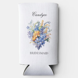 アンティークブルーの野生の花を添えたブライズメイド プロポーズ ギフト スリム缶クーラー