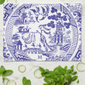 アンティークブルーウィロー中国パターンヴィンテージモノグラム キッチンタオル (折り畳み)