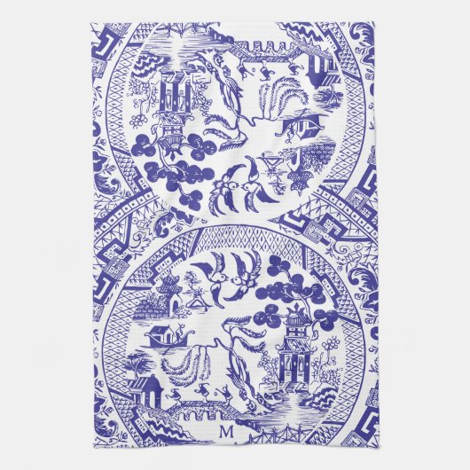 アンティークブルーウィロー中国パターンヴィンテージモノグラム キッチンタオル (縦)