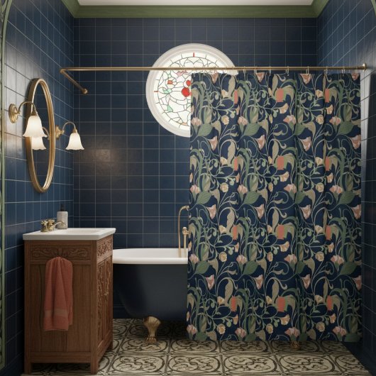 アンティークブルークラシックアールヌーボーフローラルパターン シャワーカーテン