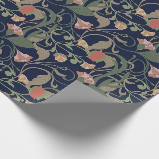 アンティークブルークラシックアールヌーボーフローラルパターン ラッピングペーパー (角)